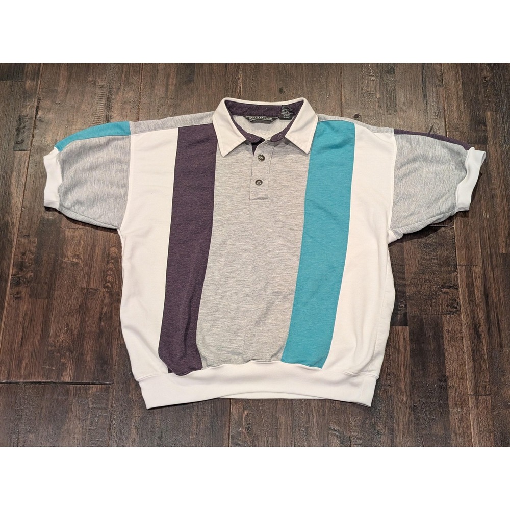 Vintage David Taylor Polo‎ Shirt Mens Medium Colorblock Teal Purple 90s Striped
